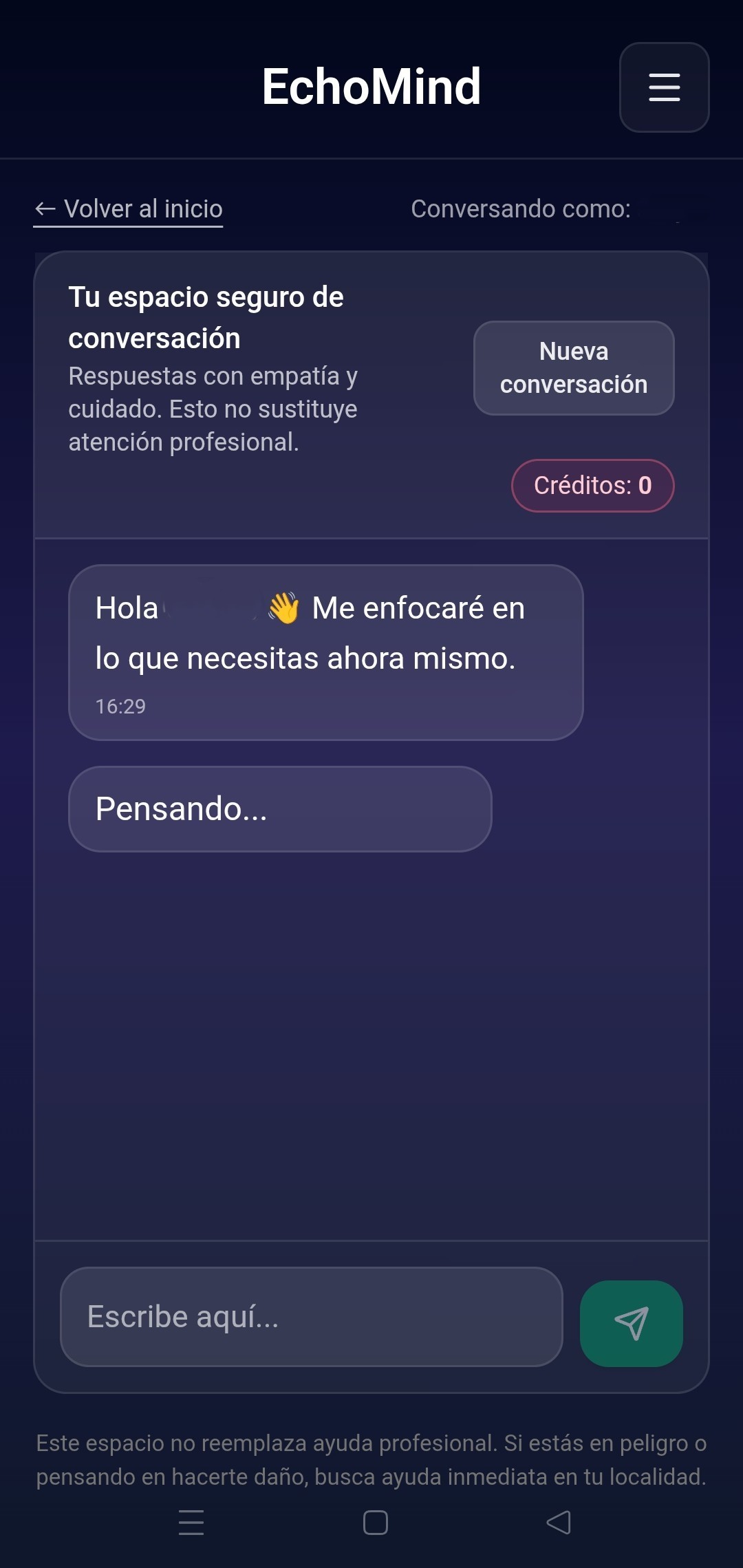 Chat principal de EchoMind con conversación guiada por IA