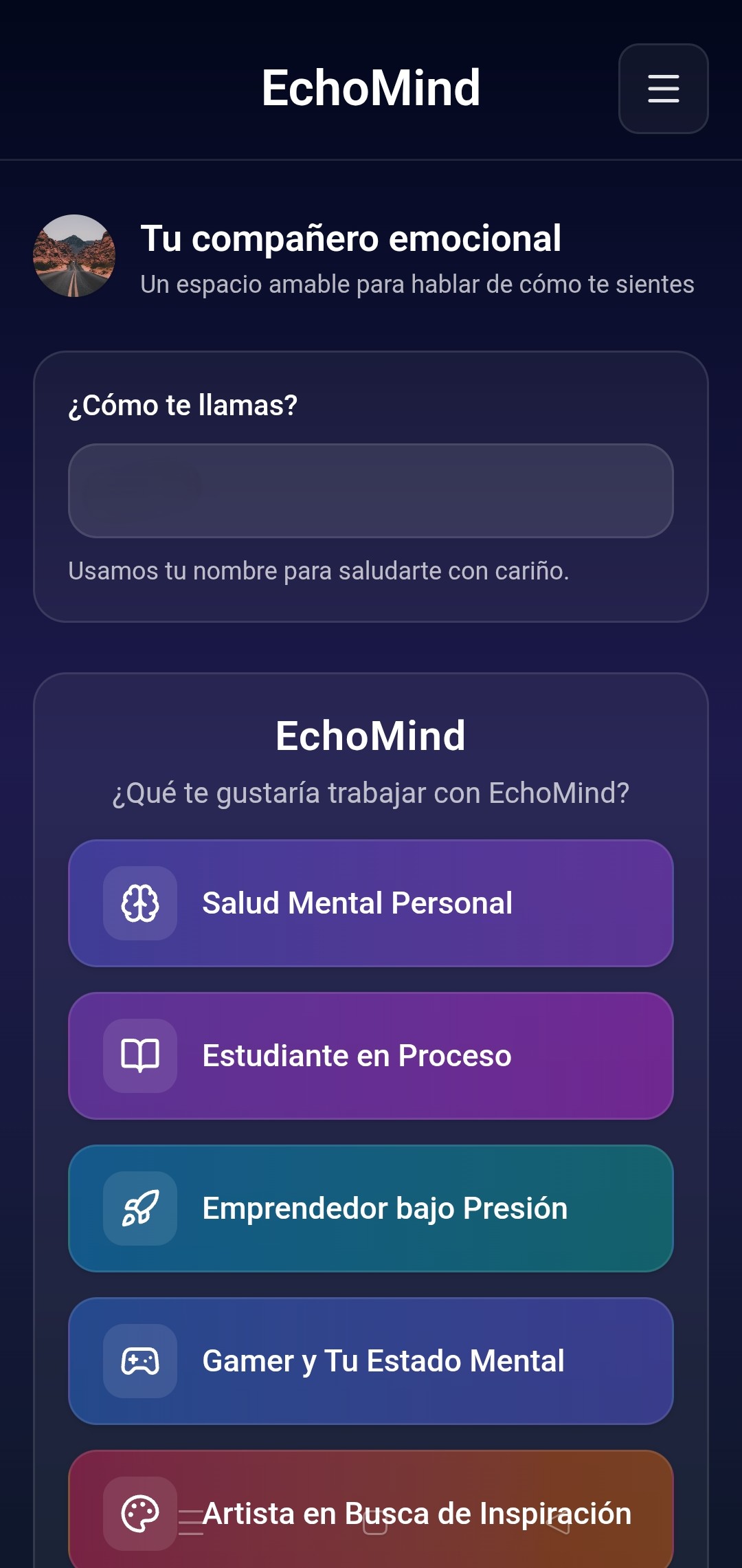 Pantalla de inicio de EchoMind con selector de esado de ánimo